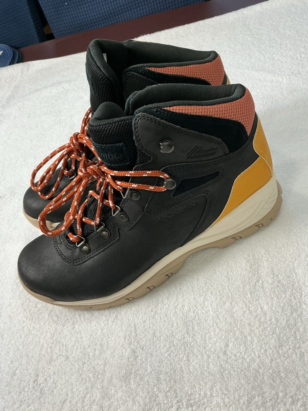 Columbia Black Hiking Boots with Yellow Heel and Orange Laces